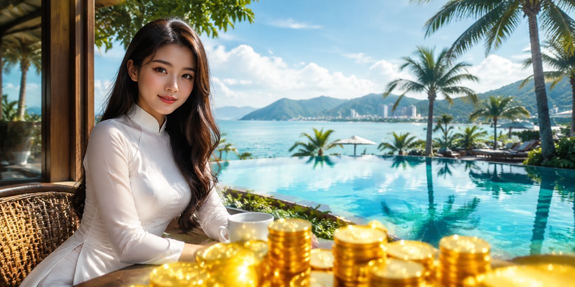 Người phụ nữ mặc áo dài tại Đà Nẵng cầm vé xổ số và xem kết quả trên điện thoại di động