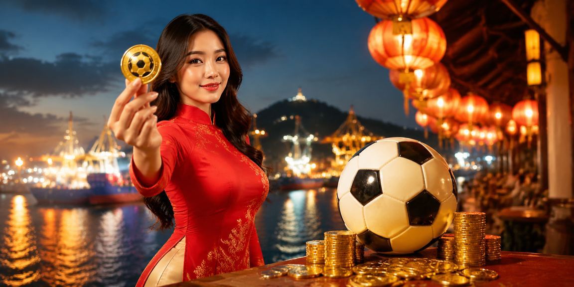 Người phụ nữ mặc áo dài tại Hội An xem trận bóng đá và kiểm tra ưu đãi tiền thưởng trên điện thoại