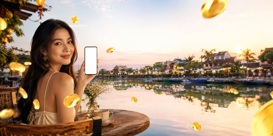 Người dùng tại Hội An thưởng thức cà phê và khám phá ưu đãi đăng ký mới trên điện thoại
